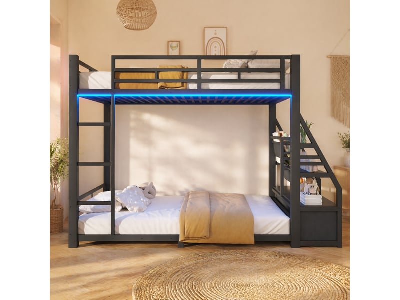  Lit superposé 90x200 cm en métal noir avec éclairage led et 2 tiroirs  - Conforama D