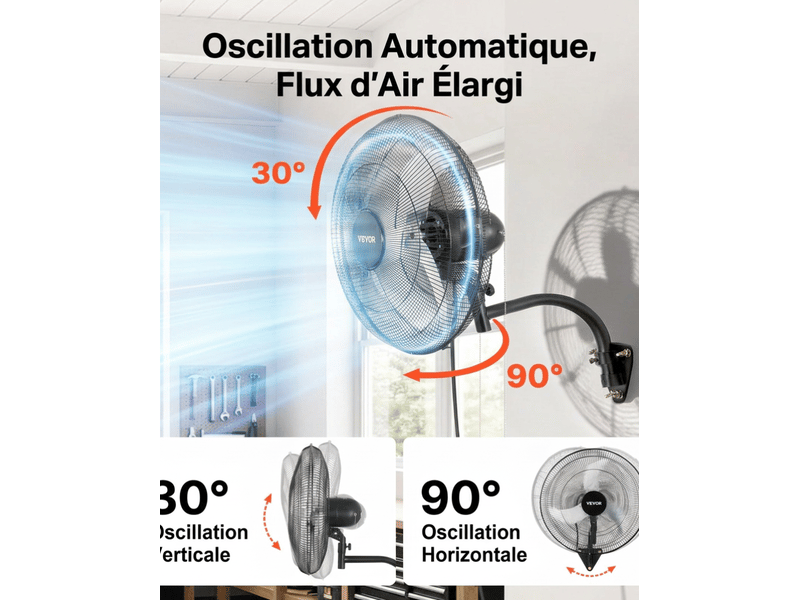  Ventilateur mural industriel 500mm, oscillant à 3 vitesses, pour atelier et garage, noir  - Conforama C