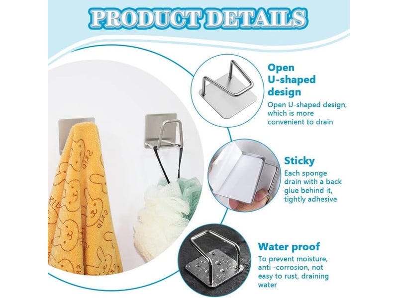  Un ensemble de 12 supports à éponges autocollants en acier inoxydable avec capuchons adhésifs pour crochets d'évier de cuisine, gris HRC0001902LY - Conforama D