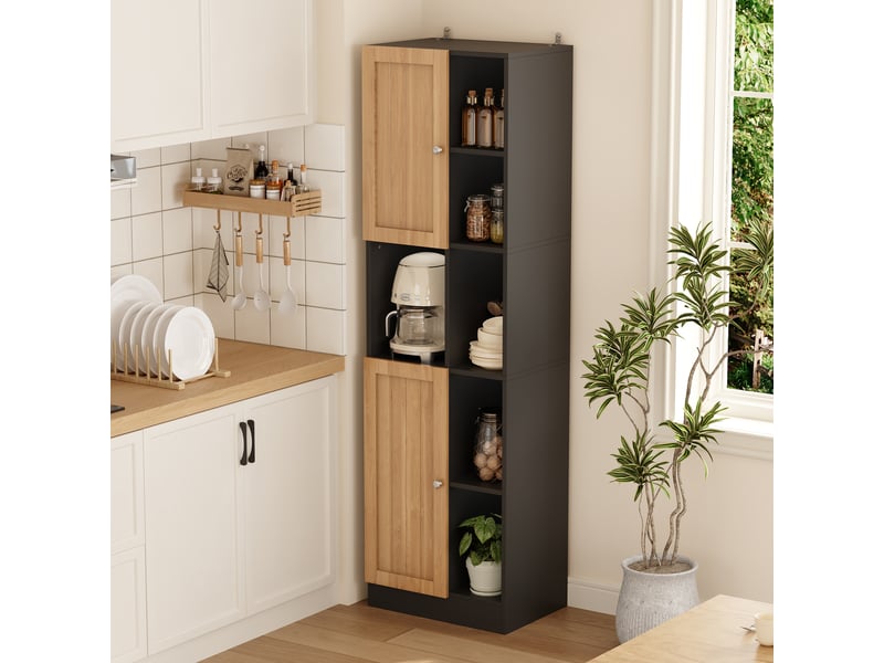  Meuble d'angle de cuisine avec 2 portes, 6 niches et étagères réglables en mdf, noir et chêne 50×35,5×170 cm  - Conforama C