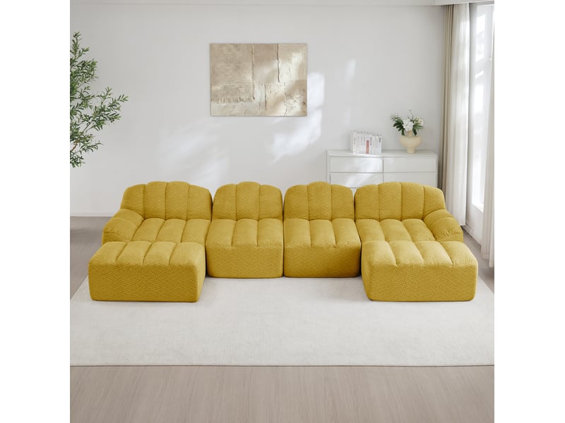 Canapé modulable ulevr 4 places en u avec 2 poufs, tissu bouclette jaune, 366 x 165 x 79 cm - Conforama E