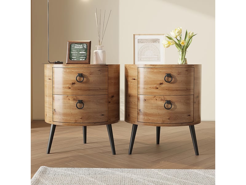  Table d'appoint ronde 2 tiroirs, bout canapé, table chevet, style mid-century, finition bois naturel, pieds métal, rangement salon PHO_346UMJ4V - Conforama E