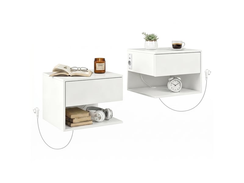  Lot de 2 tables de chevet suspendues pour chambre à coucher, 46 x 30 x 30 cm, blanches  - Conforama A