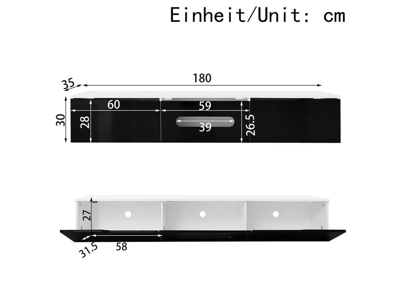 Meuble tv 180cm, couleur noir et blanc finition brillante avec éclairage led 16 couleurs montage mural meuble tv contemporain - Conforama C