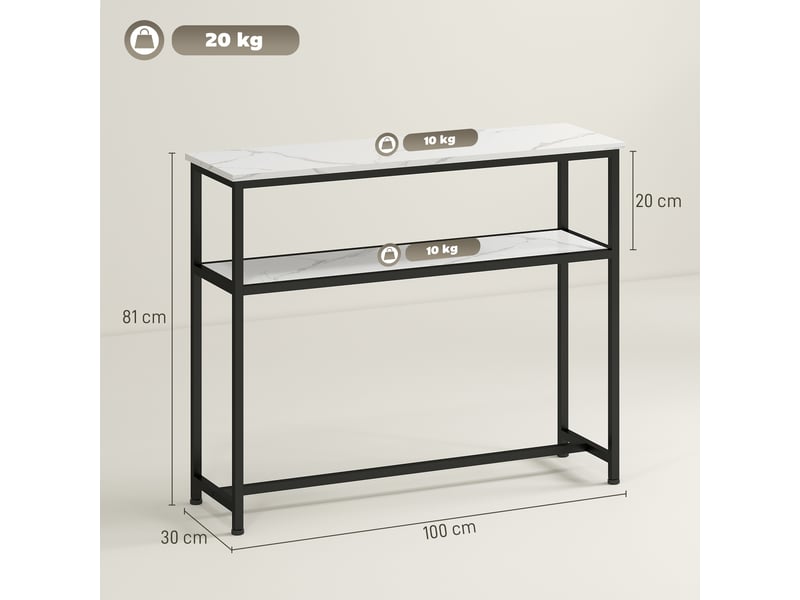  Console étroite avec plateau effet marbre, étagère ouverte et structure en métal 100 x 30 x 81 cm blanc  - Conforama E