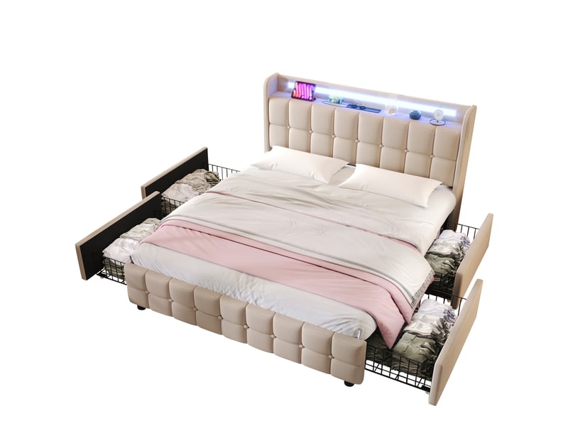  Lit rembourré 140x200 cm avec 4 tiroirs, lit adulte avec tête de lit led et prise intégrée, bois lin beige  - Conforama A