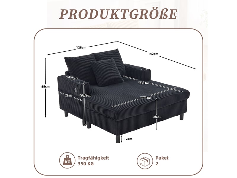  Fauteuil chaiselongue modenvie en velours côtelé noir avec led, usb et porte-gobelets 142 x 128 x 85 cm  - Conforama C