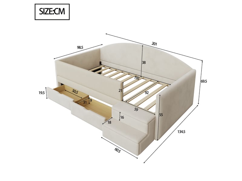  Lit enfant 90x190 cm avec 2 tiroirs et marches en velours beige  - Conforama E