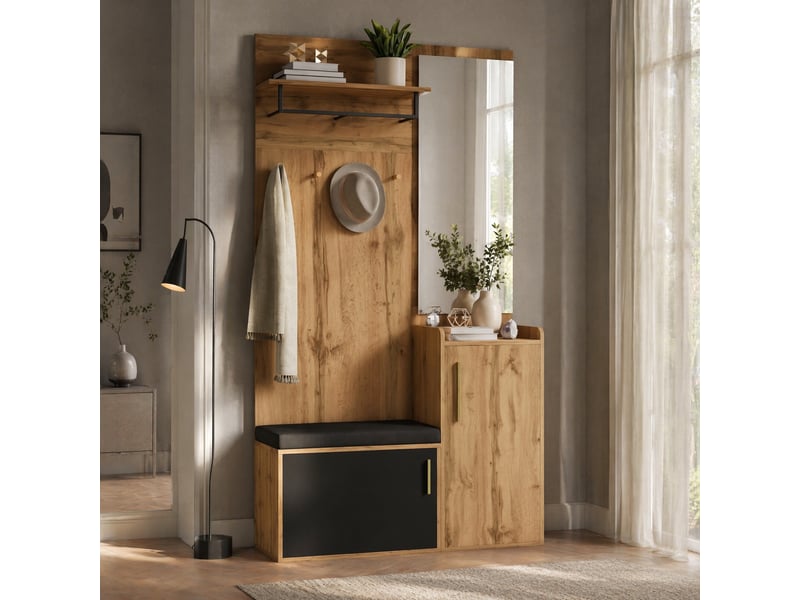 Meuble d’entrée miroir, banc et range-chaussures - lpospi - fermeture douce, panneau de particules noir naturel - Conforama B