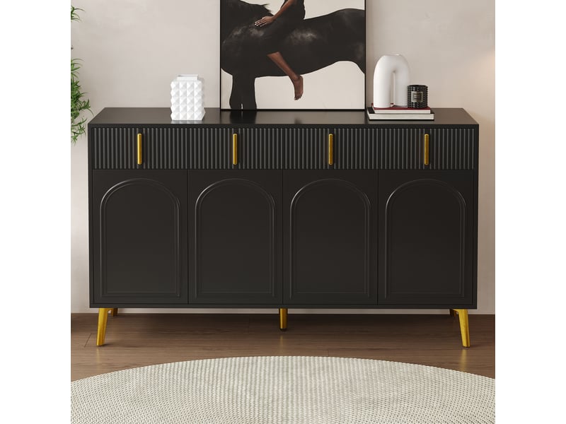  Buffet bas 140 x 38 x 82 cm noir, commode 4 portes et 4 tiroirs, étagères réglables, poignées et pieds dorés, finition mdf pour salon élégant  - Conforama E