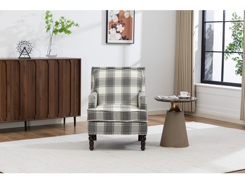  Fauteuil de salon vintage 69x69x89cm - fauteuil cabriolet rembourré en tissu de lin avec finition clous tapissier - gris et blanc  - Conforama E