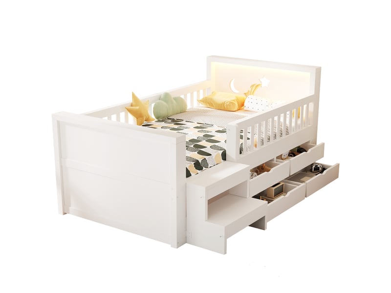  Lit simple enfant 90x200 cm - 4 tiroirs et rangement - tête de lit led avec motifs étoiles et lune - barrières et marchepied - blanc  - Conforama A