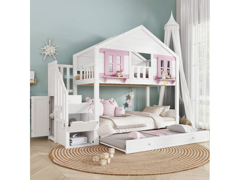 Lit superposé enfant 90x200 cm avec lit gigogne et rangement blanc et rose - Conforama E