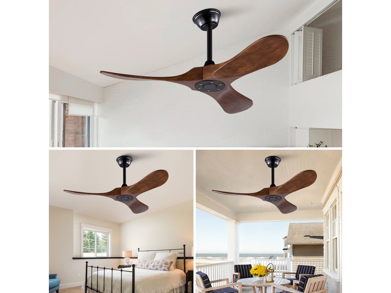  Ventilateur de plafond 107 cm – noir et noyer foncé – 3 pales en bois, télécommande et 6 vitesses réversibles  - Conforama E