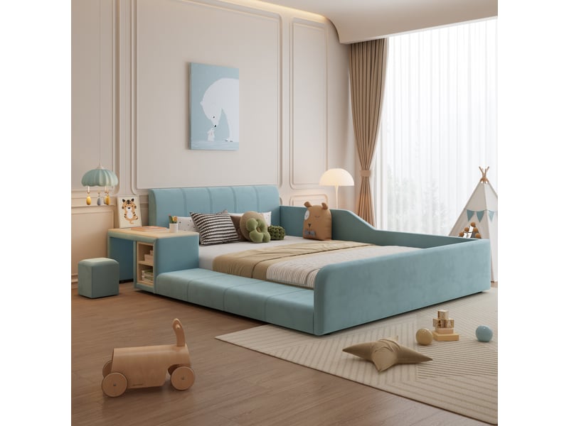  Lit rembourré enfant 140 x 200 cm, bureau et tabouret, étagère, tête de lit souple, sommier à lattes et espace de travail, velours bleu evarich - Conforama B