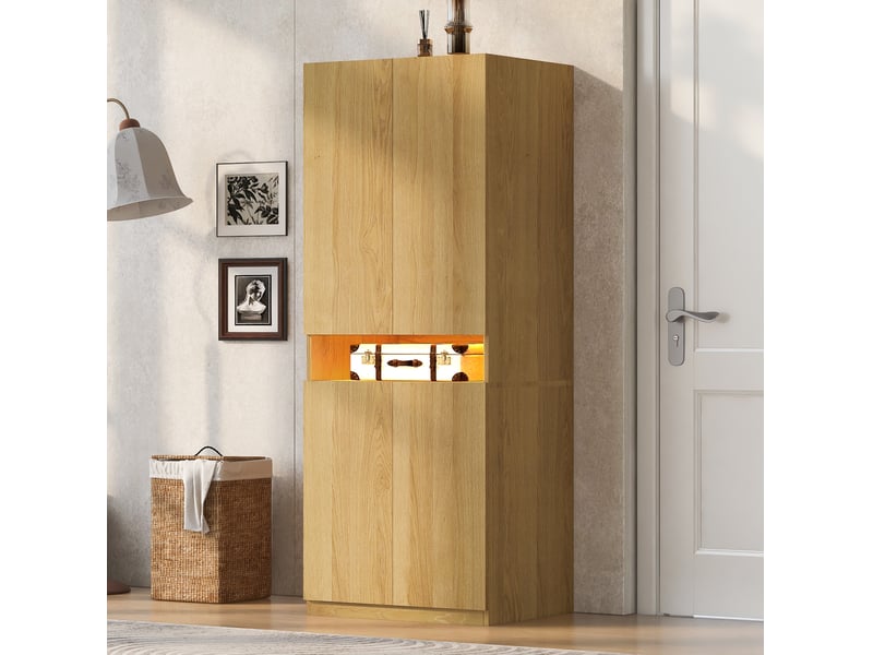 Armoire avec compartiment éclairé led 70x55x180 cm, mdf, blanc et coloris bois - Conforama D