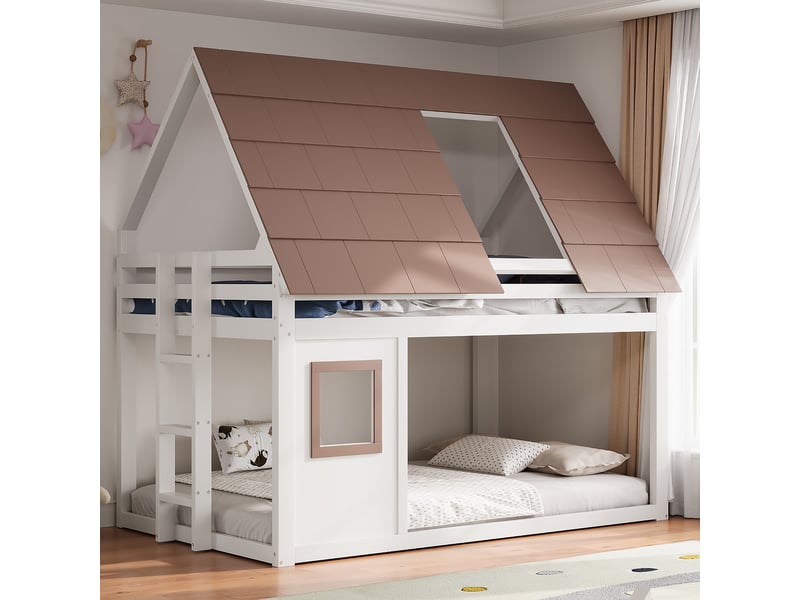  Lit superposé cabane 140 × 200 cm, blanc et brun, pin massif et mdf, toit, fenêtre, garde-corps, échelle, sommiers à lattes  - Conforama C