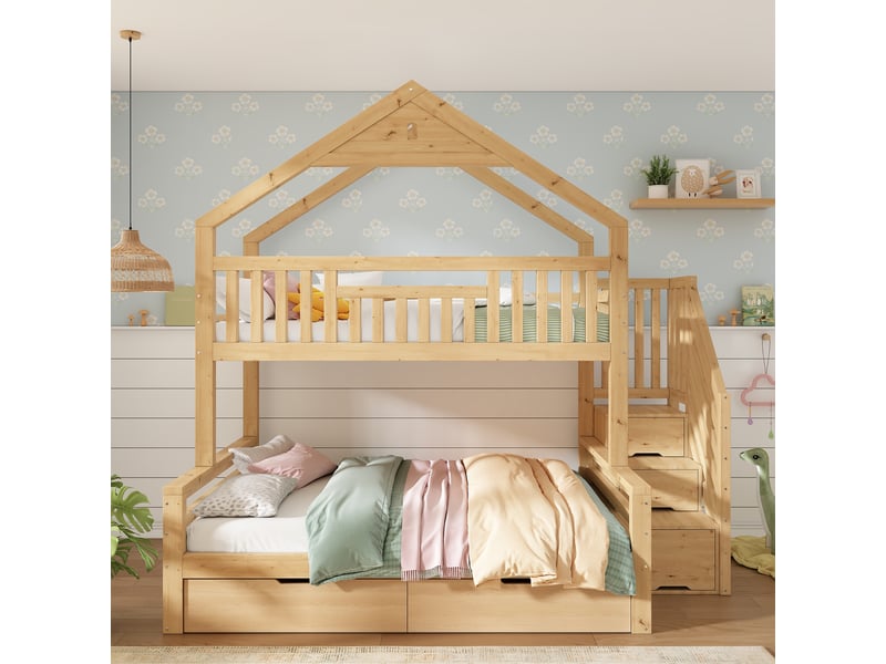  Lit superposé enfant 90x200 et 140x200 cm, lit familial en bois avec escalier de rangement, tiroirs et design maison - chêne  - Conforama D