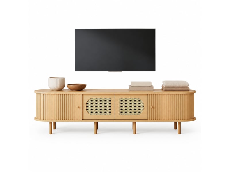  Meuble tv 180x40x40 cm naturel mdf, 2 portes et 2 portes à rideau pour téléviseur jusqu'à 75 pouces  - Conforama A