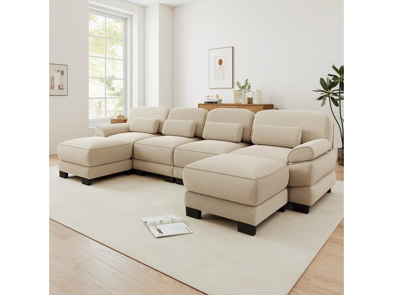 Canapé panoramique modulable 336 cm 4 places avec 2 poufs, design carré épuré, base et accoudoirs à matelassage en canaux, velours côtelé, beige - Conforama B