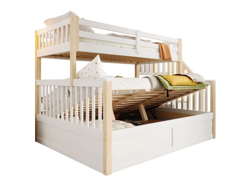 Lit superposé 90x200 et 140x200 cm avec escalier de rangement et coffre hydraulique, en pin, blanc et naturel - Conforama A