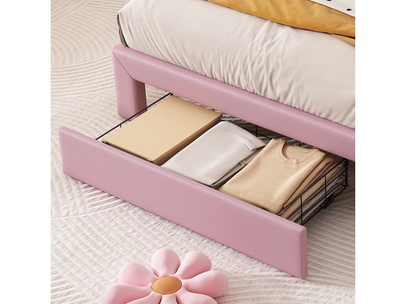 Lit rembourré pour enfants 90x200cm - avec 1 tiroir - tête de lit arc-en-ciel - hauteur de tête de lit réglable - pu - rose (sans matelas) - Conforama W