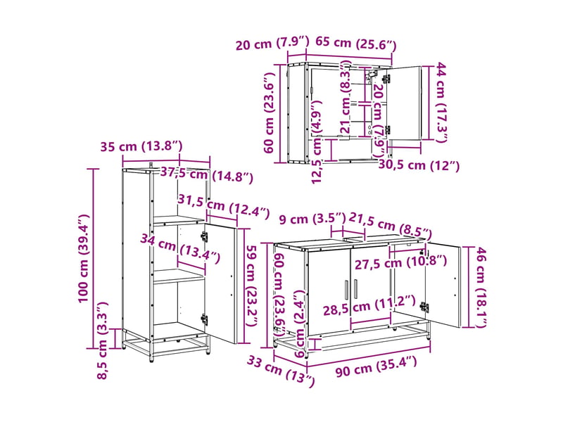 Ensemble de mobilier de salle de bain 3 pc chêne noir cf64339 - Conforama E