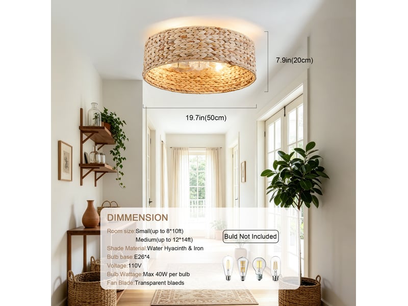  Ventilateur de plafond 50 cm en rotin et plastique cuivre, 6 vitesses, appli bluetooth et télécommande  - Conforama C