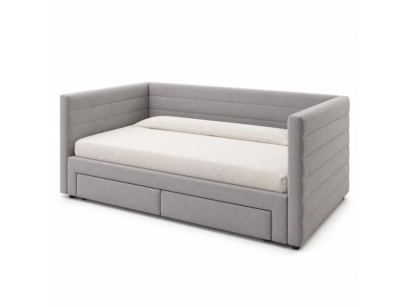  Lit gigogne simple 90×190 cm extensible 180×190 cm, 2 tiroirs  - sans matelas, tissu coton et lin gris  - Conforama A
