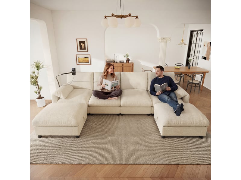 Canapé modulaire 6 places en chenille beige, canapé d’angle en u ou en l avec deux poufs de rangement et ports usb type-c - Conforama E