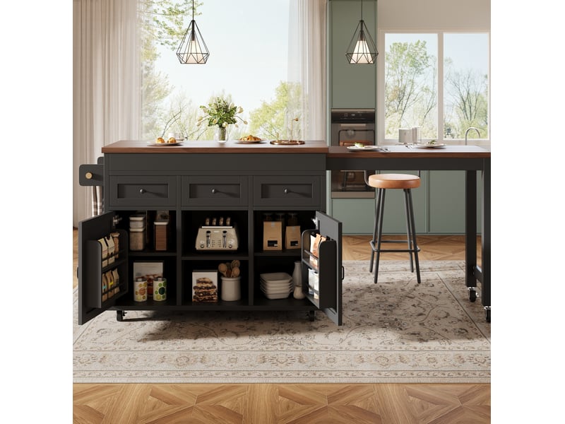  Îlot de cuisine avec table extensible et rangement, 131,5 à 210 cm, mdf noir  - Conforama C
