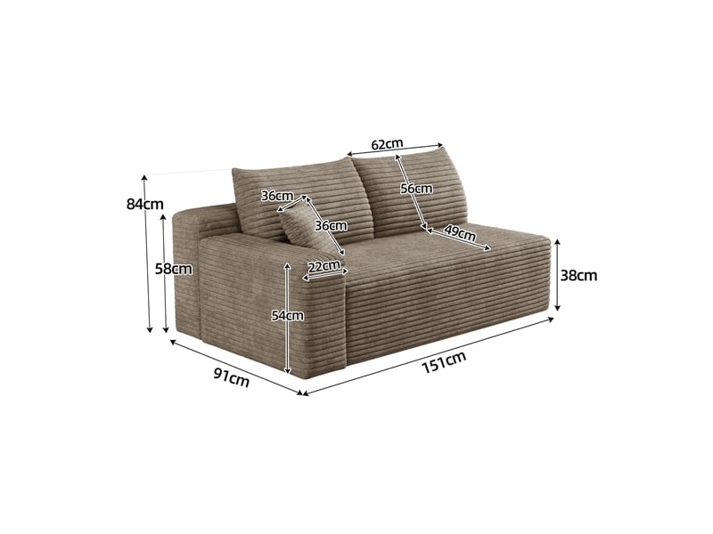  Canapé 2 places camel en velours côtelé, canapé confortable pour salon, assise en mousse haute élasticité, 151 x 90 x 58 cm  - Conforama W