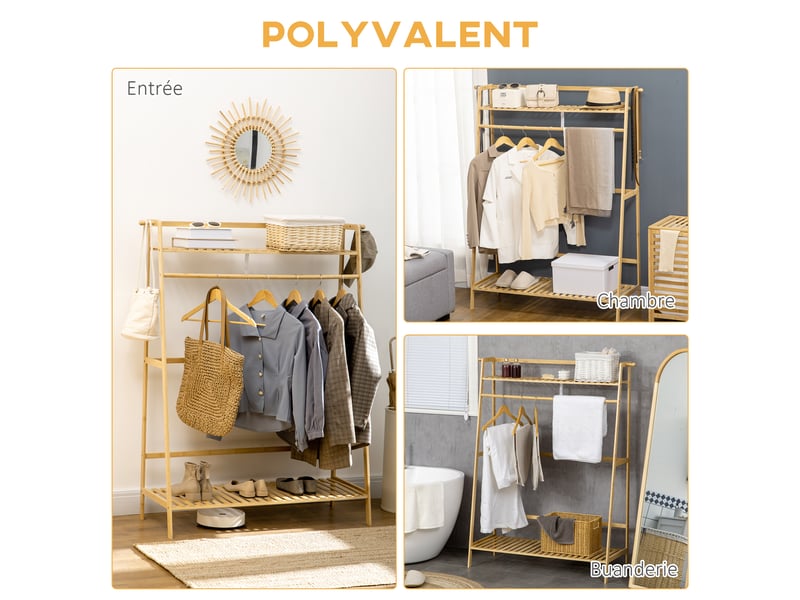  Portant à vêtements porte-manteau penderie avec 2 étagères 2 crochets et 1 barre de suspension en bambou  - Conforama R