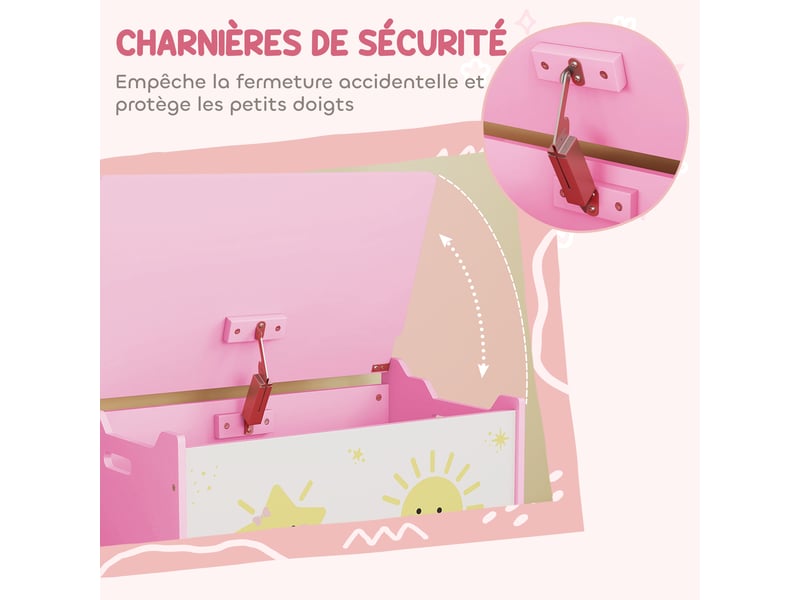  Coffre à jouets avec couvercle, coffre de rangement enfant avec charnières de sécurité, rose, 60 x 37 x 39 cm  - Conforama E