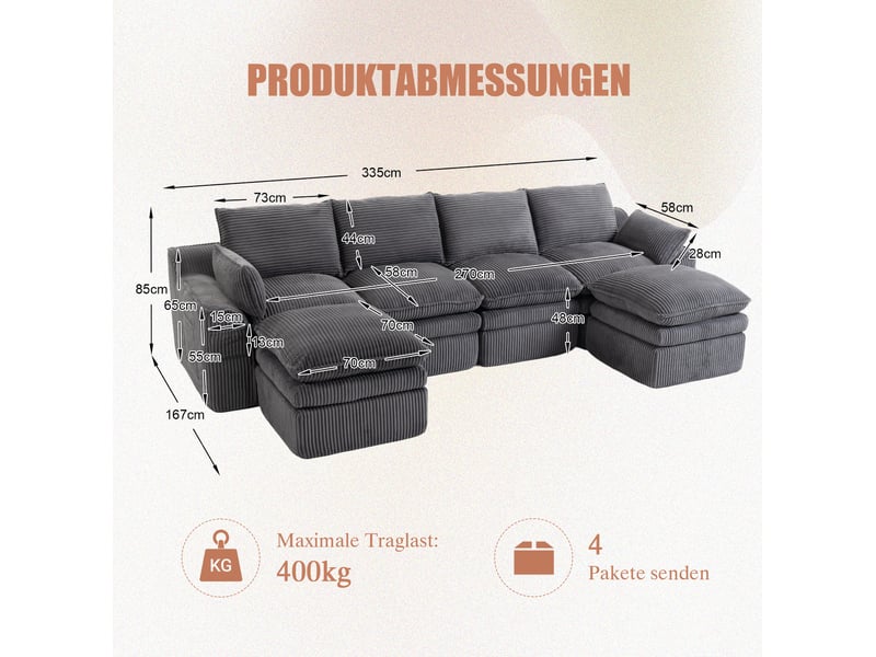  Canapé d'angle modulable 4 places en velours côtelé gris foncé avec 2 poufs et rangements latéraux  - Conforama C