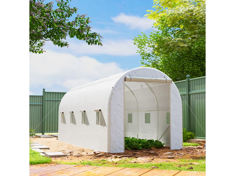 Serre tunnel 500 x 200 x 205 cm, serre de jardin avec porte enroulable et 8 fenêtres, bâche en polyéthylène 140 gm² blanche - Conforama D