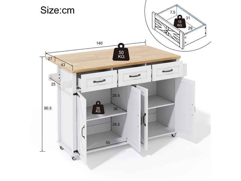  Îlot de cuisine 140x43 à 70x90,5 cm blanc avec plateau rabattable, 4 portes, 3 tiroirs et roulettes  - Conforama C