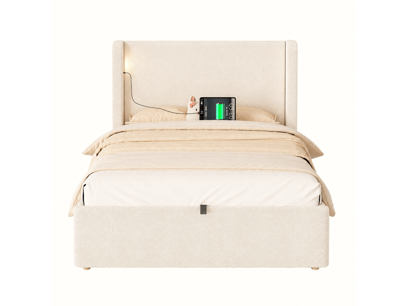  Lit simple 90x200 cm en bouclé beige, tête de lit enveloppante avec ailes rembourrées, lumière de nuit et ports usb et usb-c, sommier inclus  - Conforama A