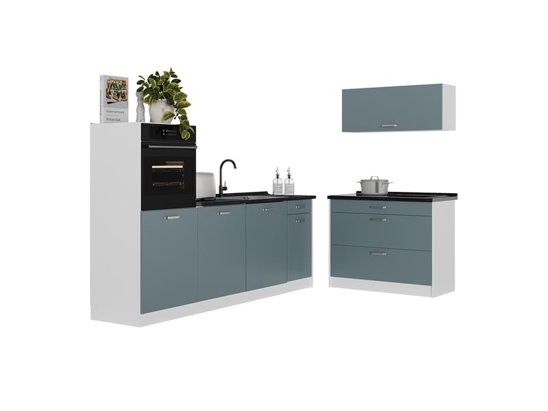 Vicco cuisine, bleu-grisblanc, 220cm plan de travail marbre - Conforama E