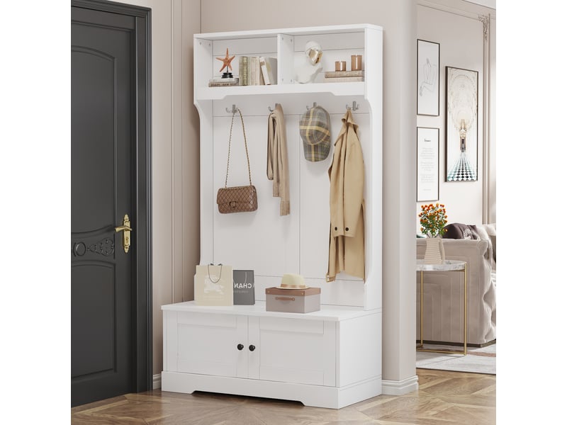  Meuble d'entrée avec banc, 2 portes, 2 niches et 4 patères, en panneaux de particules blancs  - Conforama C