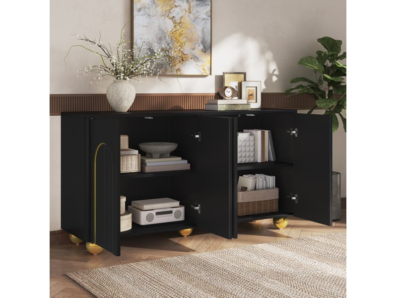  Buffet 4 portes 140x40x74 cm avec décor arche doré, mdf et panneaux de particules noir  - Conforama C