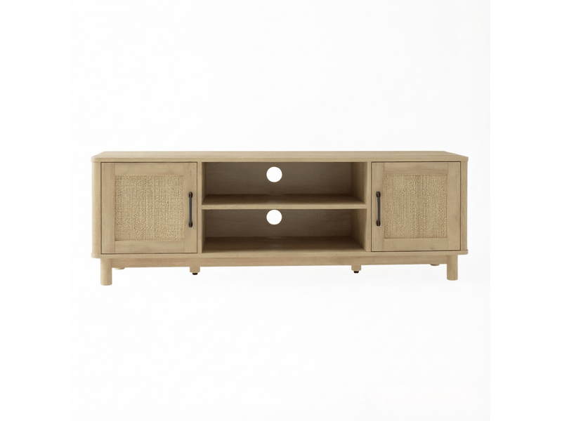  Meuble tv modenvie 135 x 39 x 45 cm avec rangements ouverts et portes en rotin chêne clair  - Conforama A