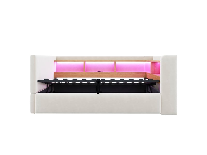  Canapé - lit 90×190 cm avec rangement hydraulique, équipé de lampes led, prises électriques et treillis de rangement, beige  - Conforama R