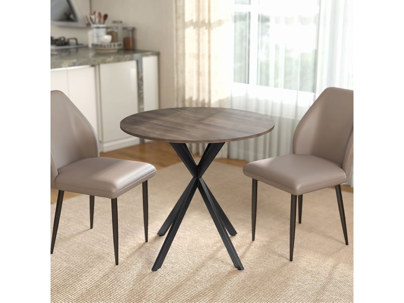 Table à manger ronde pour 2 personnes avec plateau aspect bois et croisé piètement en acier, marron  - Conforama D