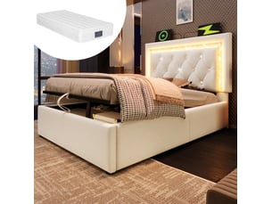 Lit coffre 90 × 200 cm avec led, usb et type-c, rangement hydraulique, tête de lit capitonnée, matelas inclus, beige