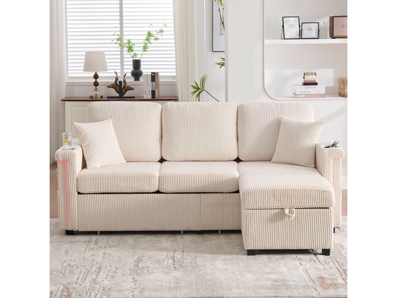  Canapé modulable avec pouf coffre 194 cm, 2 tiroirs de rangement, led, usb et usb-c, porte-gobelets, poches latérales, velours côtelé beige Radiant Stride - Conforama D
