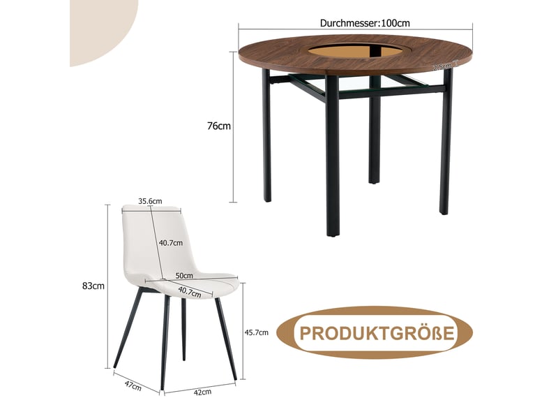  Ensemble table ronde et 4 chaises, plateau mdf effet bois brun avec verre trempé, diamètre 100 cm, sièges blancs en similicuir  - Conforama E