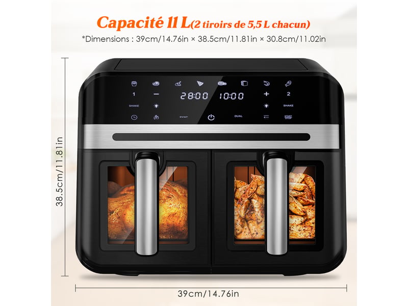  Friteuse à air chaud à 2 compartiments, 2 tiroirs, airfryer 11l avec fenêtre de visualisation, écran tactile, 8 programmes préréglés, réglage de température indépendant, paniers métalliques antiadhésifs, 5.5l+5.5l, cuisson saine…  - Conforama C