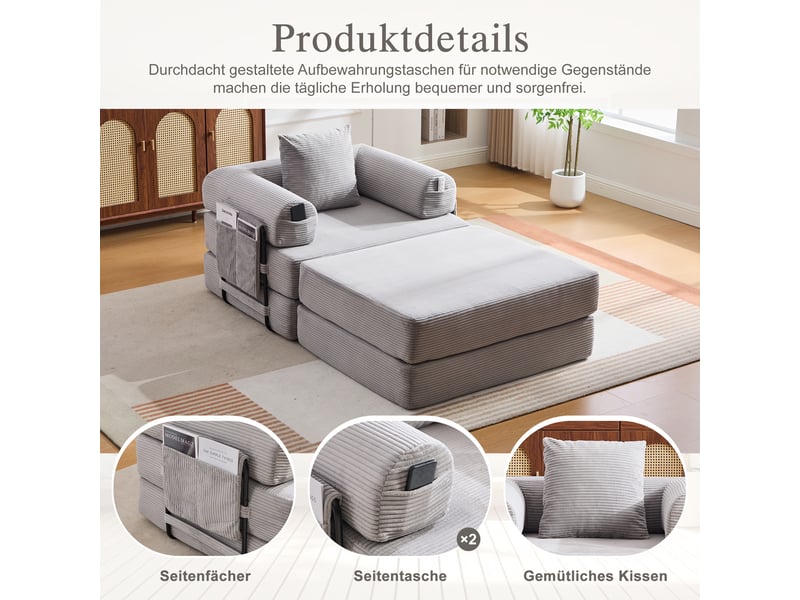 Fauteuil modulable en velours côtelé - gris clair - velours côtelé doux - dimensions 112x190x67cm - Conforama D