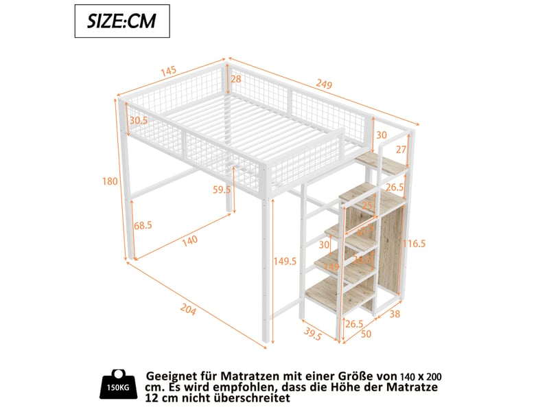  Lit mezzanine 140x200 cm, armoire, meuble de chambre, rangement, lit enfant, échelle incluse, métal, blanc, sans matelas  - Conforama C
